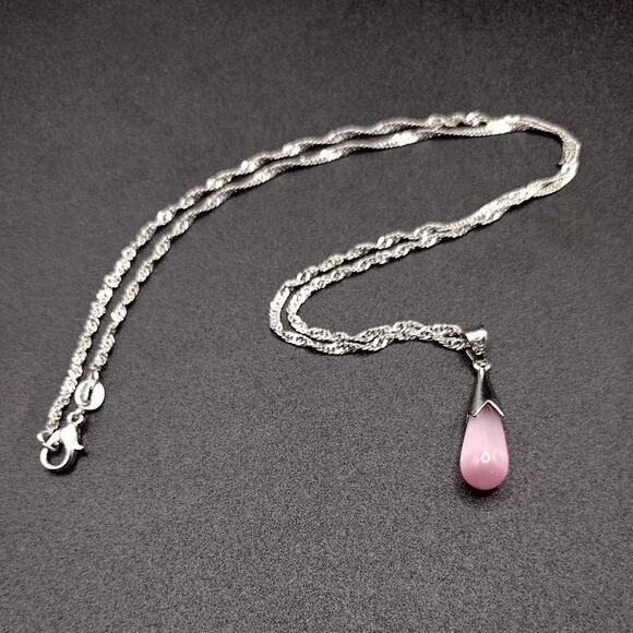 925 Sterling Silver Necklace Teardrop Pink Opal Boho NEW - Picture 1 of 6